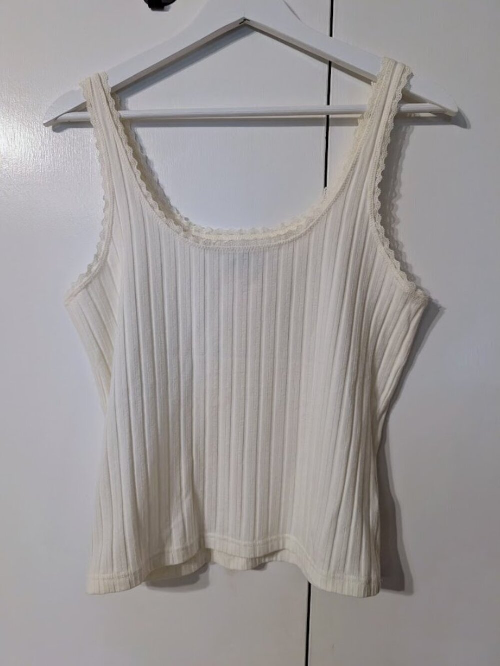 J. Crew Ribbed Lace Trim Pointelle Cotton Blend Camisole Tank Top Ivory L NWOT - Picture 6 of 9